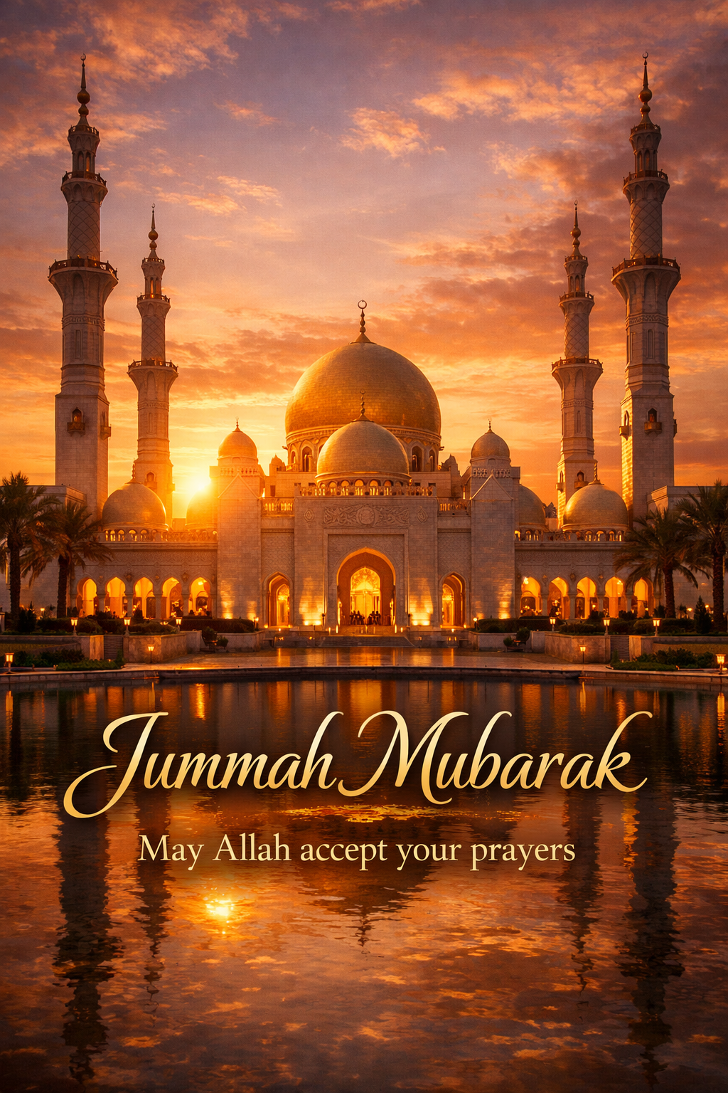 Elegant mosque at golden sunset with Jummah Mubarak May Allah accept your prayers English greeting